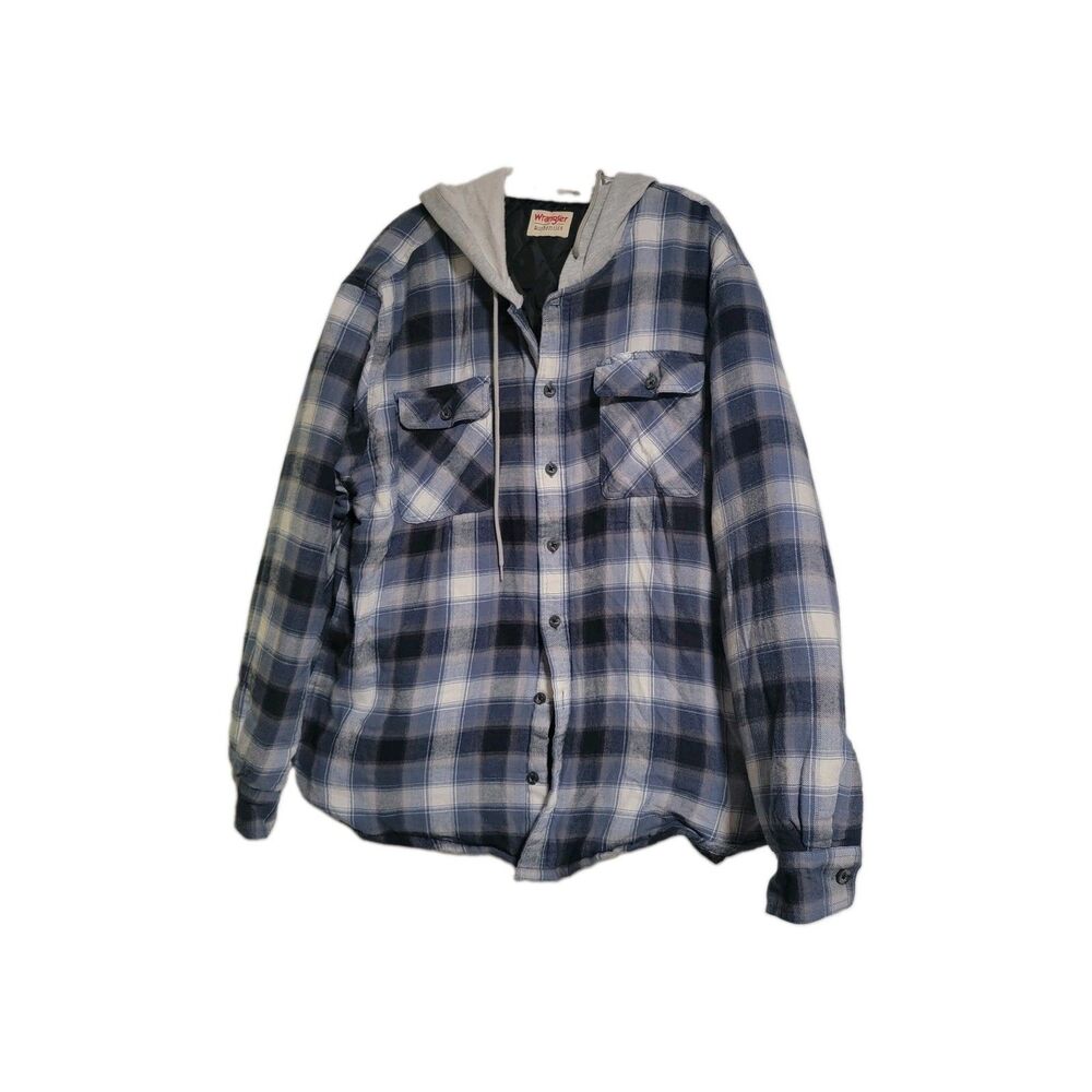 Wrangler Authentics Men's Medium Plaid Flannel Lined Hooded Shirt Jacket Blue